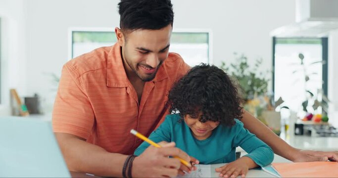 Home school father, child or high five celebration for notes, study info or homework project, test or exam success. Family dad helping kid student with knowledge, learning or education achievement