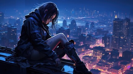 Beautiful cyberpunk girl sitting on the roof background wallpaper ai generated image - obrazy, fototapety, plakaty