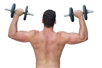 Digital png photo of back view of caucasian man lifting dumbbells on transparent background
