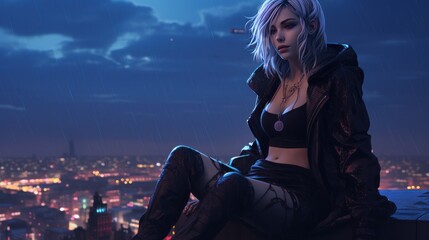Obraz premium Beautiful cyberpunk girl sitting on the roof background wallpaper ai generated image