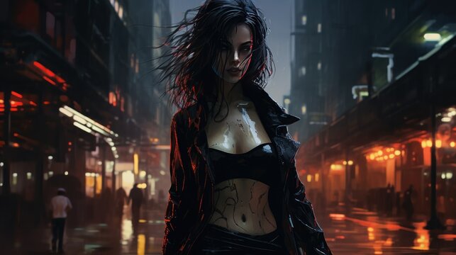 Charm Cyberpunk girl on the street background wallpaper ai generated image