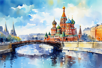 oil painting on canvas, Russia. Artwork. Big ben. a boat in the river. Building. famous travel. Bridge and river