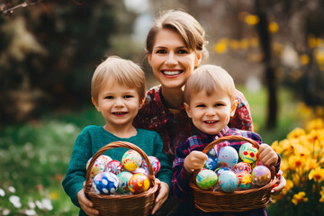 Happy mother and little son holding wicker basket full of painted easter eggs. Happy Easter Day.