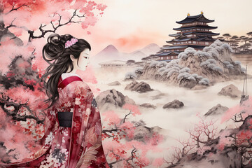 Nara Japan in watercolor painting - obrazy, fototapety, plakaty