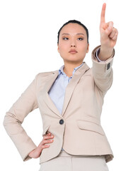 Digital png photo of asian businesswoman touching virtual screen on transparent background