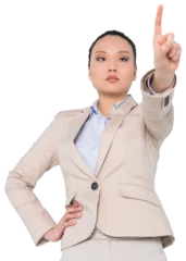 Papier Peint photo Lavable Lieux asiatiques Digital png photo of asian businesswoman touching virtual screen on transparent background