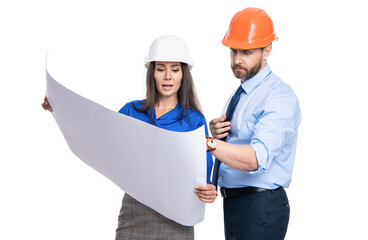 Project details. Supervisor colleagues. Engineer manager with assistant conduct inspection. Engineering inspection supervisor isolated on white. Inspection by supervisors in office. Teamwork concept