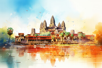 Angkor Wat Temple, Cambodia, Southeast Asia. Watercolor painting landscape colorful of architecture, section natural tourism travel in beautiful season and sky background. Hand drawn illustration.