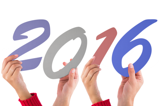 Digital png illustration of hands with 2016 text on transparent background - Powered by Adobe