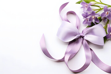 Purple Ribbon and flower. International Women's Day background.