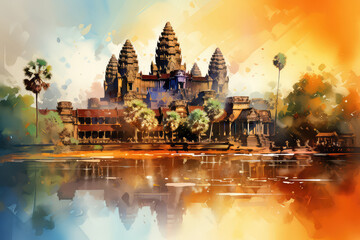 Naklejka premium Angkor Wat Temple, Cambodia, Southeast Asia. Watercolor painting landscape colorful of architecture, section natural tourism travel in beautiful season and sky background. Hand drawn illustration.