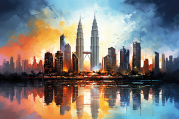 Fototapeta premium oil painting on canvas, Kuala lumpur city skyline at dusk, Kuala lumpur Malaysia