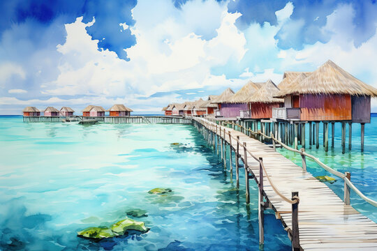 Maldives in watercolor painting