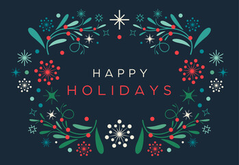 Christmas card template printable, 
or Printable Holiday cards with mistletoe, boho, 
colorful, retro Christmas wreath, vector, elements, 
border, clipart, social media post, text, banner