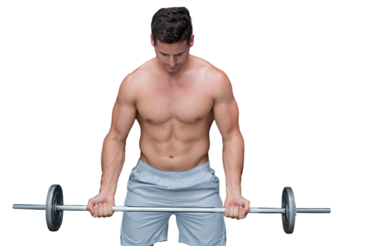 Digital png photo of caucasian man lifting barbell on transparent background