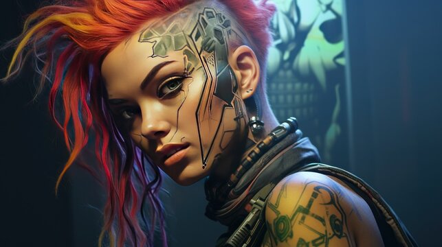Cyberpunk woman with colored hair and tattoos background wallpaper ai generated image