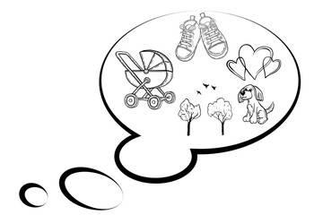 Digital png illustration of white speech bubble with child symbols on transparent background