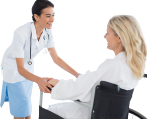 Digital png photo of diverse female doctor and patient holding hands on transparent background