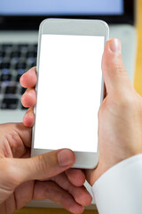 Digital png photo of male caucasian hands using smartphone with copy space on transparent background