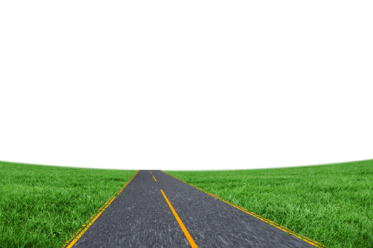 Digital png illustration of black road between green grass on transparent background