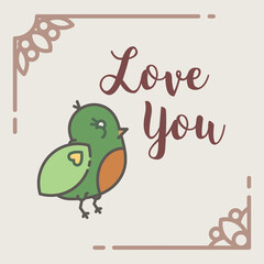 Digital png illustration of love you text with green bird on beige and transparent background