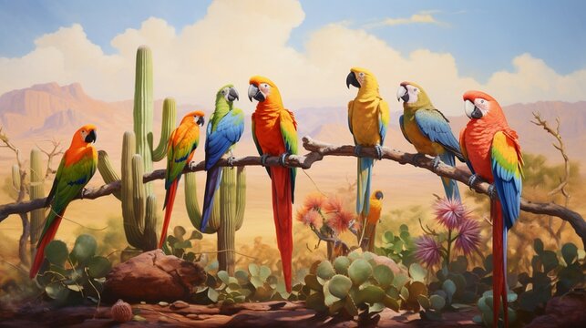 A group of colorful parrots perched on cacti in the scorching desert sun.