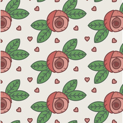 Digital png illustration of red roses with leaves repeated on beige background