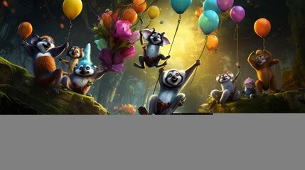 A group of joyful lemurs leaping and swinging through colorful balloons in a tropical rainforest.