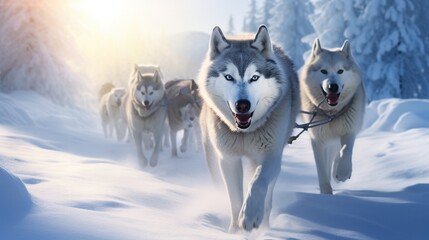 A group of huskies pulling a sled through a snow-covered wilderness, their teamwork in the frigid terrain captured in action.