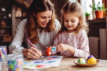 Fototapeta premium Mother and her daughter with painting eggs for Easter Day.