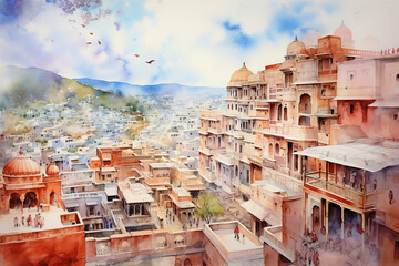Jaipur India in watercolor painting - obrazy, fototapety, plakaty