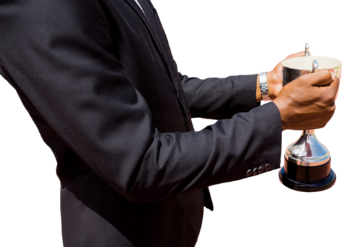 Digital png photo of mid section biracial businessman holding silver cup on transparent background