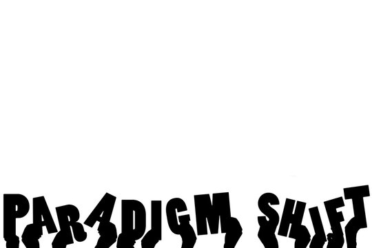 Digital png illustration of hands and paradigm shift on transparent background
