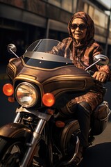 Obraz na płótnie Canvas Photo a senior woman riding motorcycle