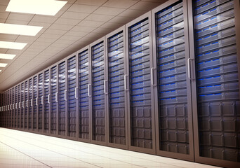 Digital png illustration of server room with server cabinets on transparent background