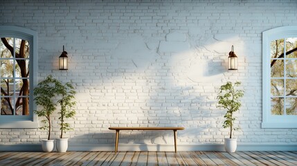 only one porch light on white brick 3D funky pattern of white, 
