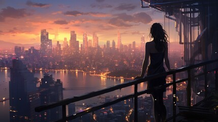 Fototapeta na wymiar Young woman looking at the city of the future from the top of the balcony background wallpaper ai generated image