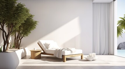 Describe a bright and serene white out door designed in a minimalist style.   