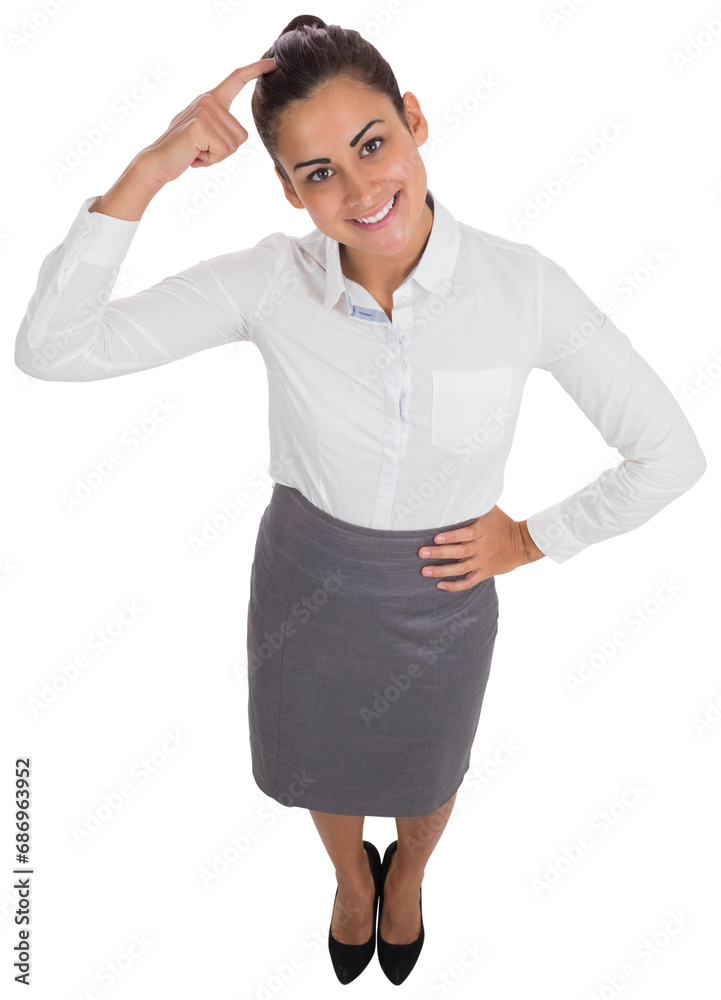 Poster Digital png photo of happy caucasian businesswoman scratching head on transparent background