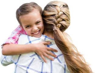 Digital png photo of happy caucasian girl and mother embracing and smiling on transparent background