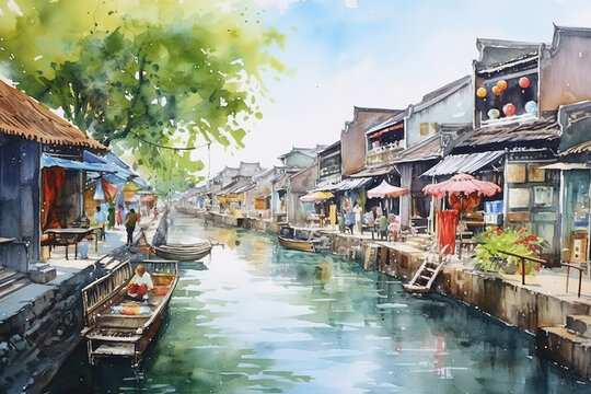 Hoi An Vietnam in watercolor painting