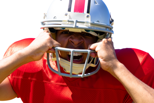 Digital png photo of furious caucasian american football player screaming on transparent background