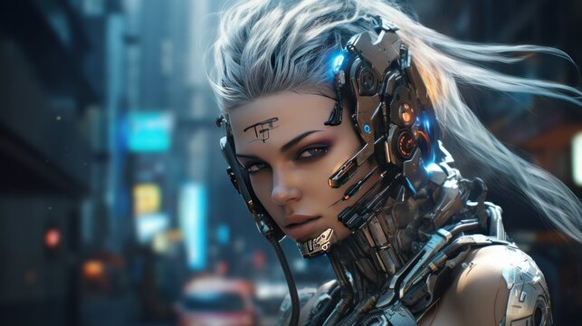 Girl with amazing modern Cyberpunk biotechnology background wallpaper ai generated image