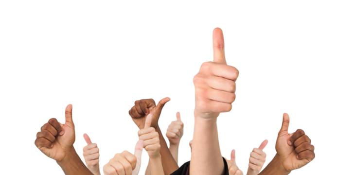 Digital png photo of many diverse hands with thumbs up on transparent background
