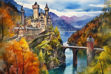 Hohenschwangau Germany in watercolor painting - obrazy, fototapety, plakaty