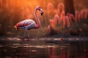 Photo of a flamingo standing tall in a serene wetland. Generative AI