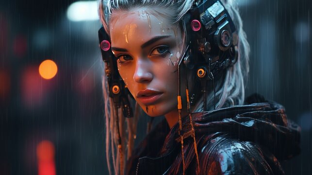 Girl with amazing modern Cyberpunk biotechnology background wallpaper ai generated image