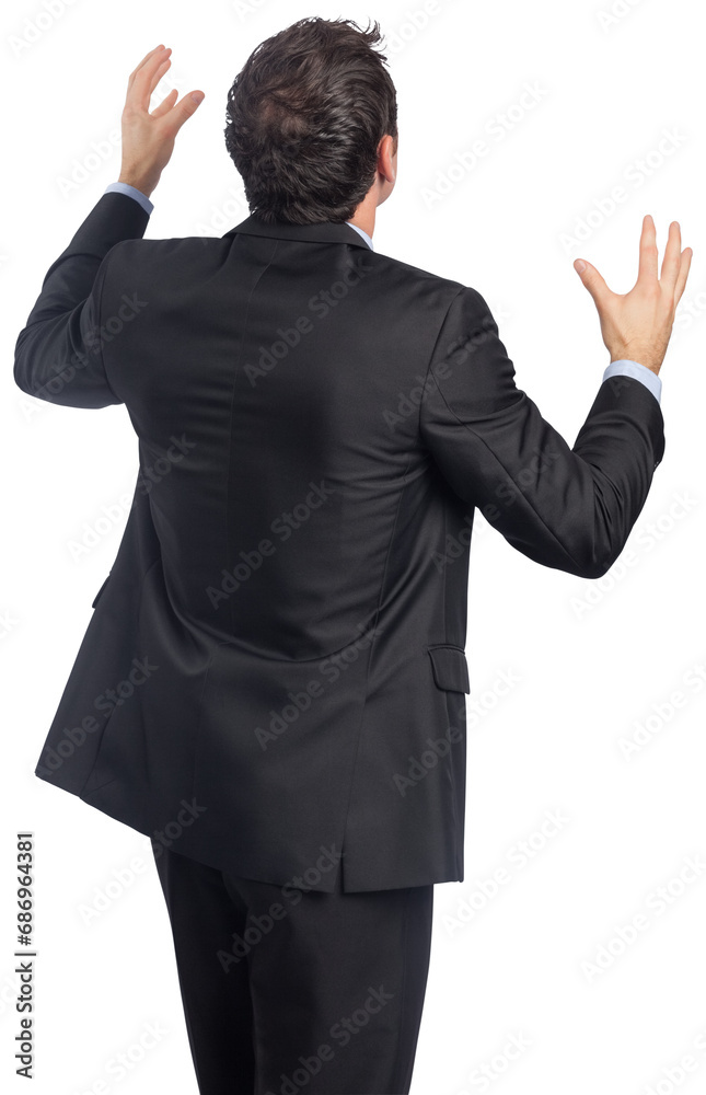 Poster Digital png photo of caucasian businessman touching virtual screen on transparent background