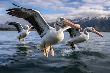Fototapeta na wymiar Photo of a group of pelicans gliding gracefully over the water. Generative AI