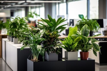 Photo of a group of office plants adding greenery to a workspace. Generative AI